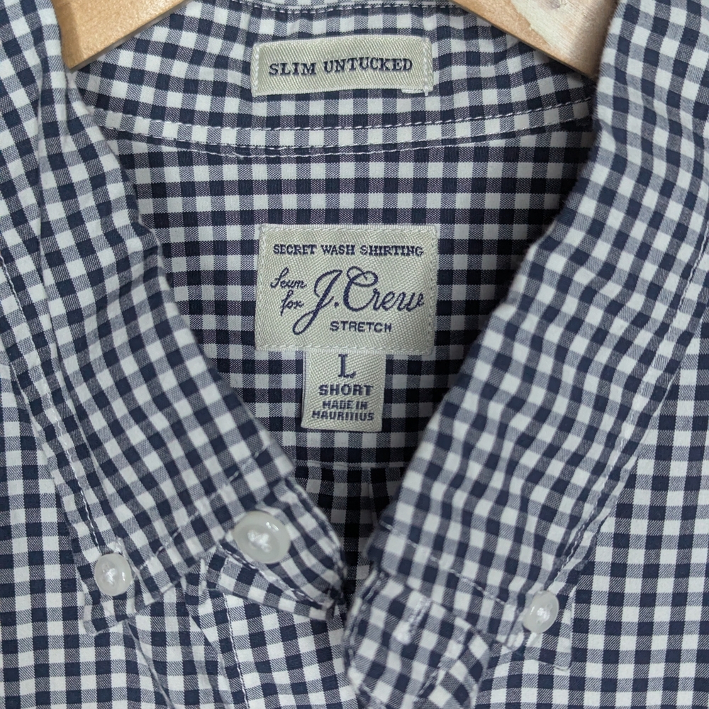 J.Crew Button Down Shirt Mens Large Short Navy Blue Gingham Slim Untucked Cotton - Picture 7 of 9